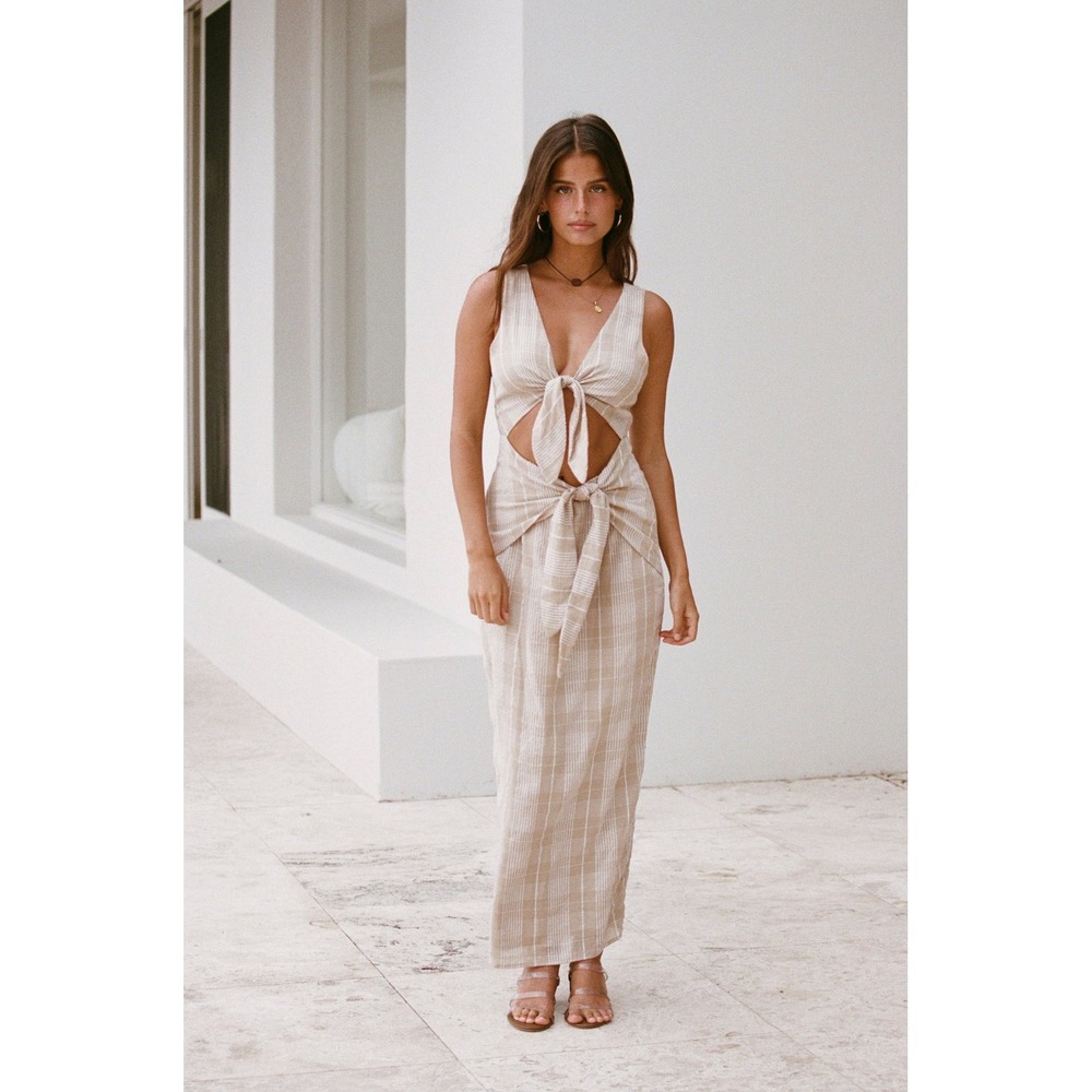 Sabo Skirt Arcadia Plaid Check Cutout Midi Dress Tan Beige Resort Beach Preppy L